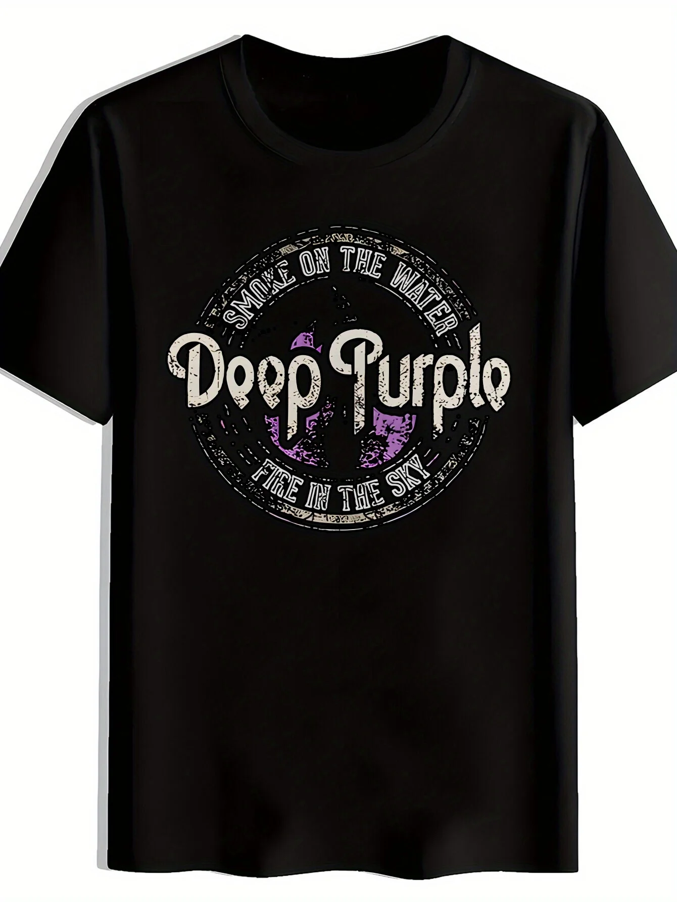 Men's Vintage Rock Band Graphic T-Shirt Black Distressed Lettering Short Sleeve Tee Deep Purple Retro Logos Breathable Polyester