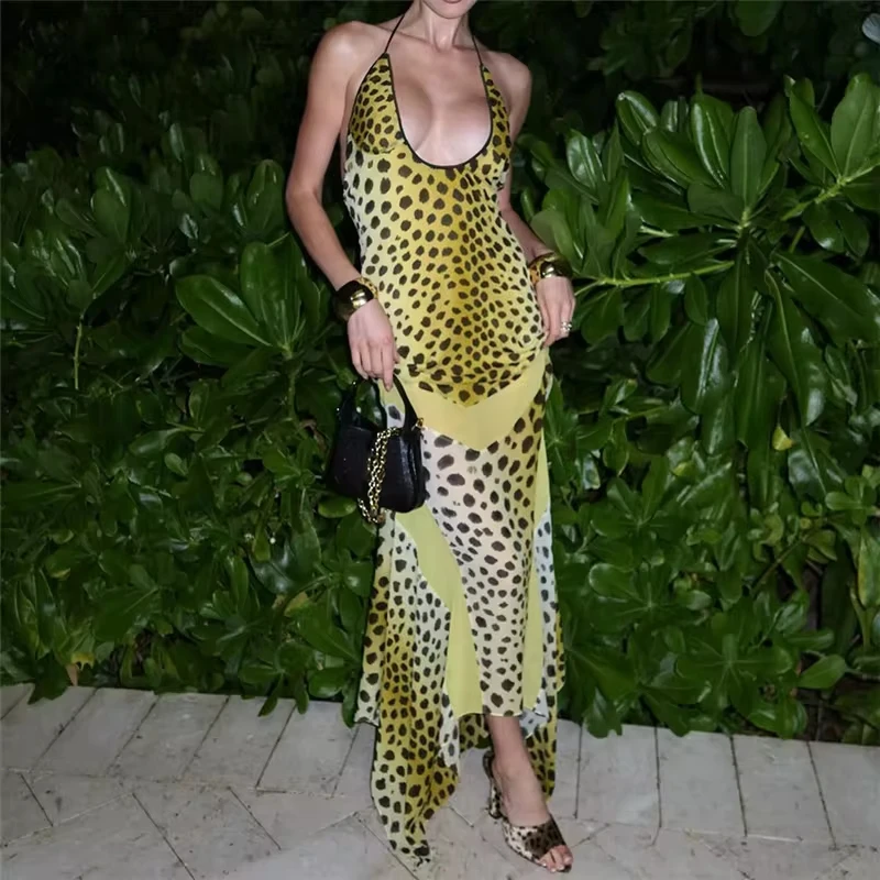 

Leopard-Print Halter Dress Woman Summer Sexy Backless Chiffon Patchwork Trend Two-Way Wear Irregular-Hem Chic Bodycon