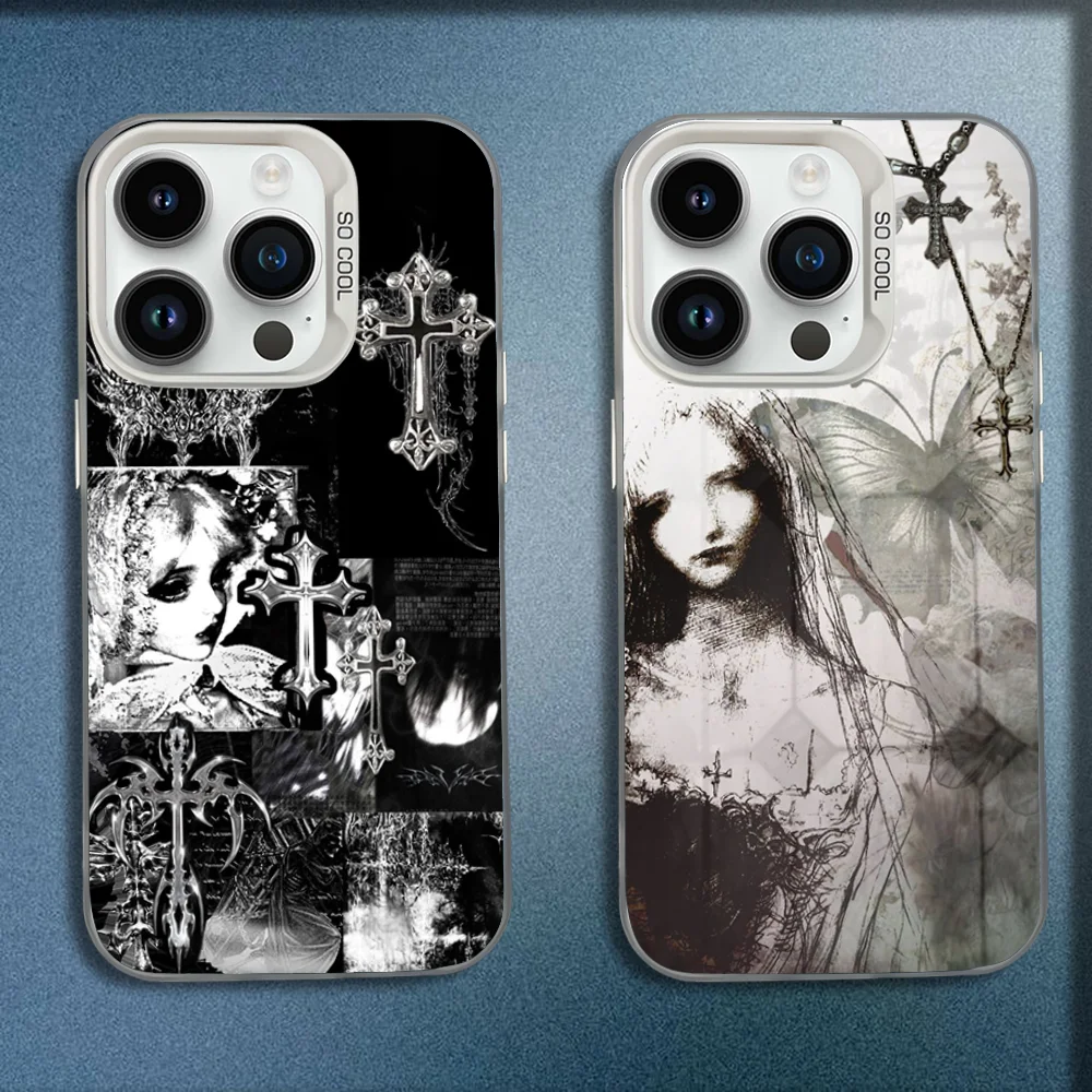

Gothic Coquette Cyber Sigilism Cross Phone Case For iPhone 16,15,14,13,12,11,Mini,Pro,E,MAX White Candy Matte Shockproof Cover