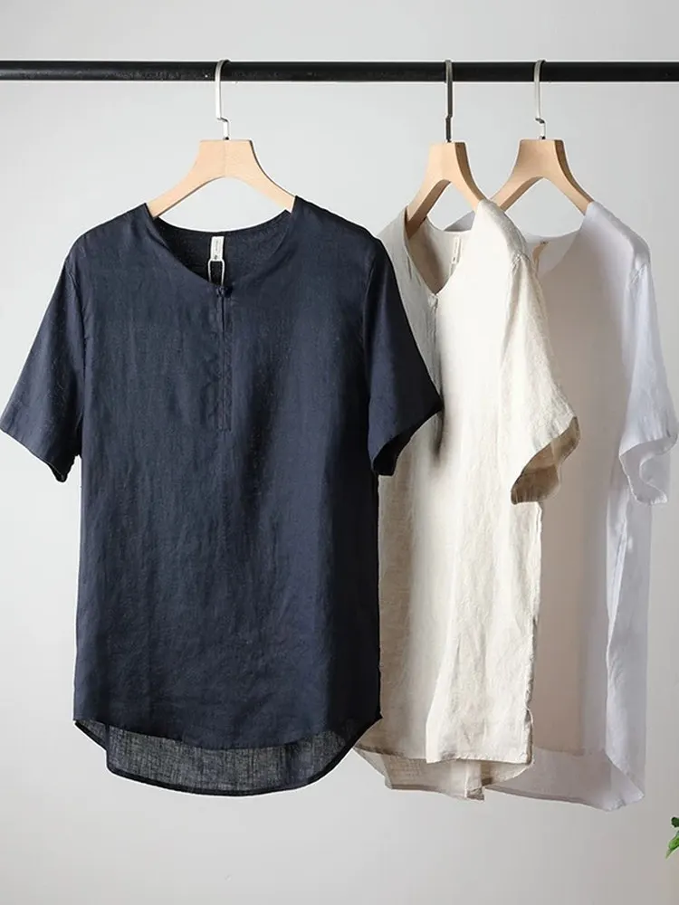 

Summer Men's Chinese Style Button Short Sleeve T-Shirt Linen Loose Casual Breathable round Neck Half Sleeve Top