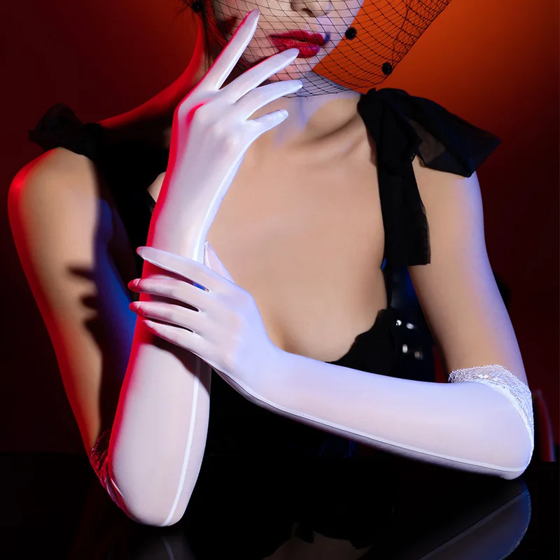 Sexy Lace Cuffs Long Glove Oil Glossy Silky smooth Glove Elastic Sheer Thin Wedding Sunscreen Driving Dance Gloves for Women