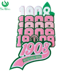 Pink and Green 1908 Chenille Number Iron on Patches, Pretty Girl Alpha Kappa Alpha Sorority Ivy Leaf Design