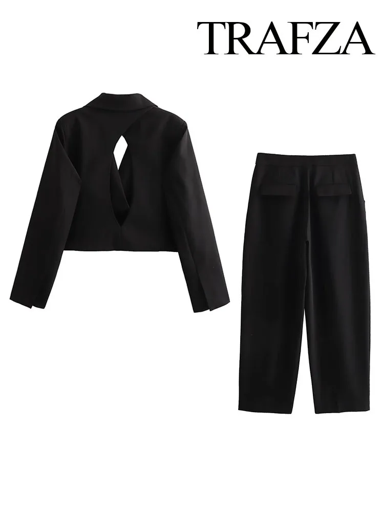 New Women 2 Piece Set Elegant Sleeve Lapel Hollow Backless Jacket Coat+Chic High Waist Pockets Zipper Buttons Long Pant