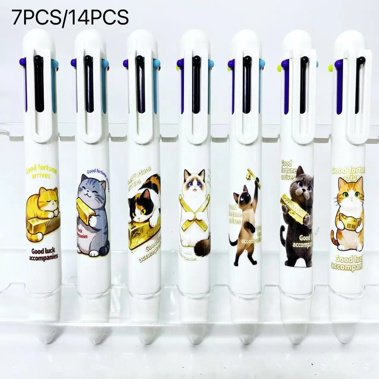 

7Pcs/14Pcs Fortune Cat White Set Multi-Color Ballpoint Pens Six-In-One Ballpoint Pen Marker Pen Creative Design Student Writing Pen Practical Gift Pen