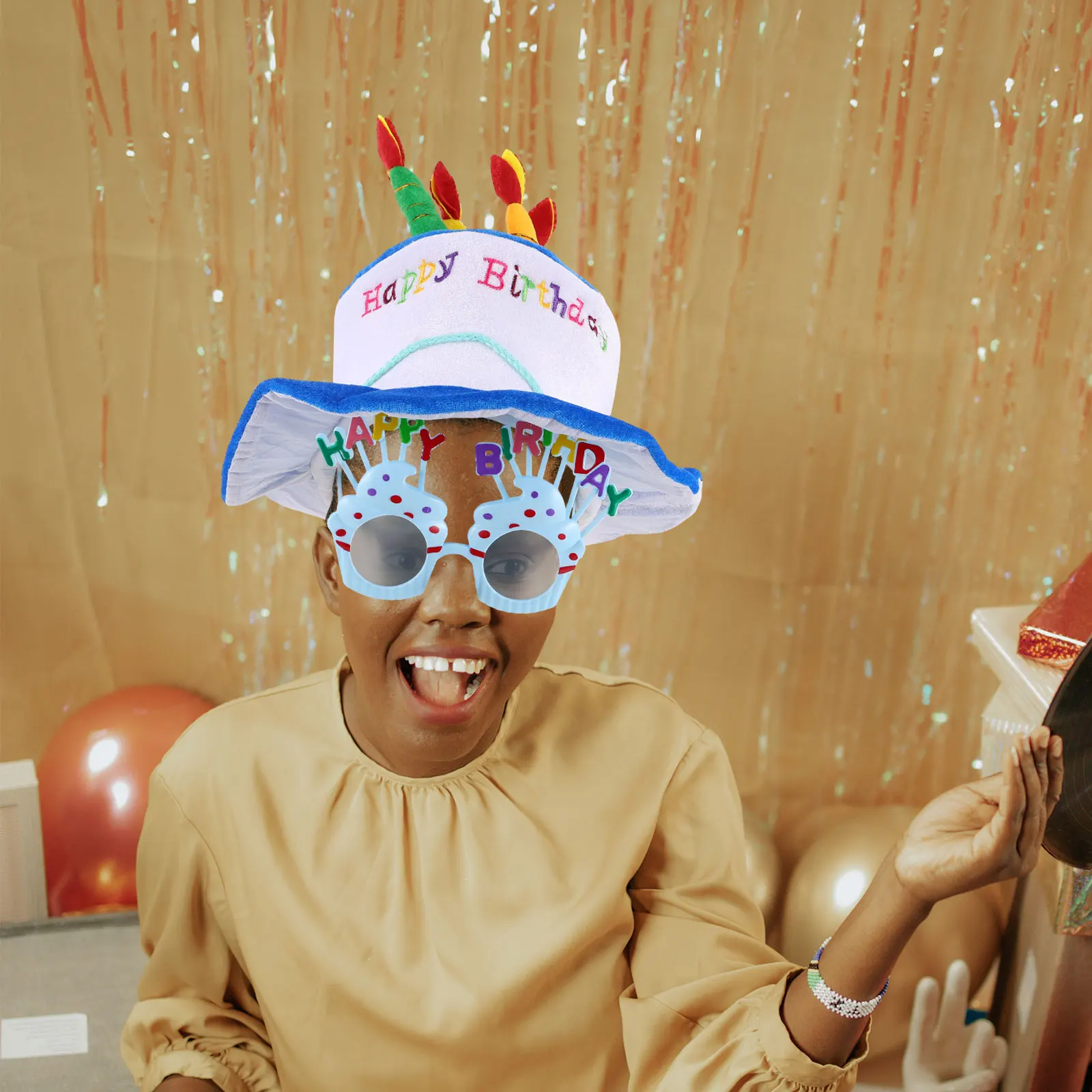 

1 Set Hat Sunglasses Party Accessories Happy Birthday Cake Hat With Multicolor Candles Novelty Photo Booth Props Costume Party