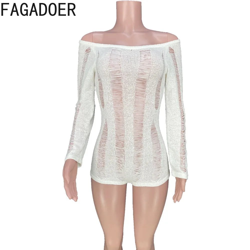 FAGADOER Fashion Knitting Hollow Out Backless Bodycon pagliaccetti donna Off spalla manica lunga Lace Up tute tute femminili