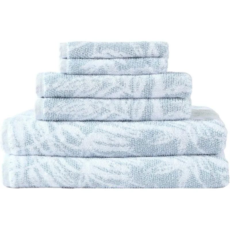 Towel Set, Luxuriously Soft & Absorbent Bath Essentials, 100% Cotton Yarn Dye, Oeko-Tex Certified (Art of Palms Blue, 6-Piece)