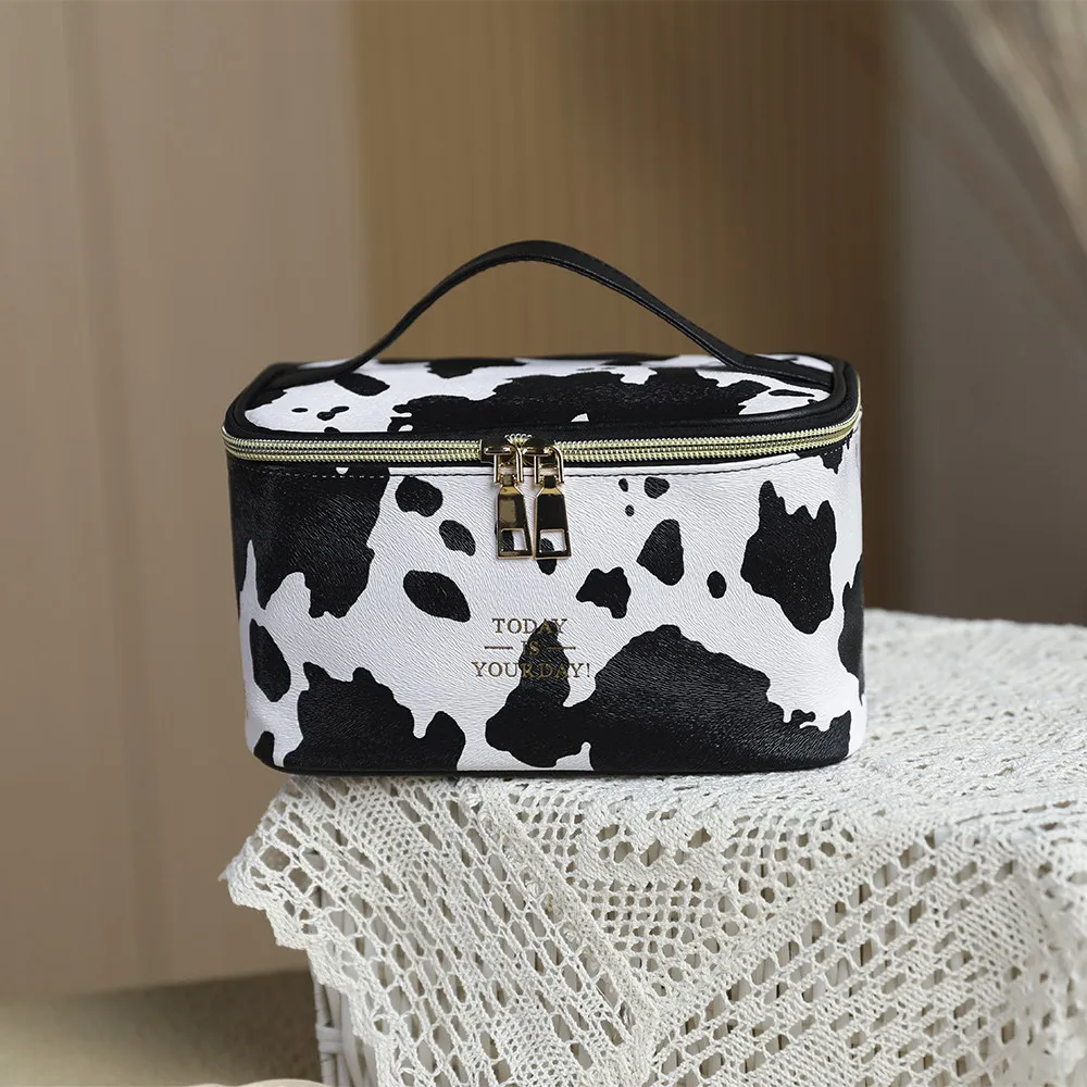 Cow Print Cosmetic Bag Portable PU Leather Travel Makeup Bag with Handle Large Capacity Double Zipper Toiletry Storage Organizer