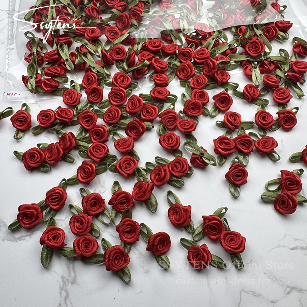 Fleur de Rose faite à la main avec feuilles vertes, 3cm, accessoires artisanaux en ruban de Satin pour robe de soirée, robes de soirée, bricolage D