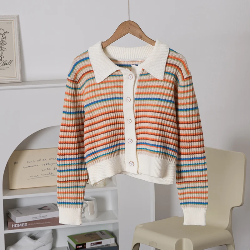 

adual Color Stripe Knitted Cardigan Long Sve Turn-down Collar Women's Autumn Winter Sweater Knitted Outerwear