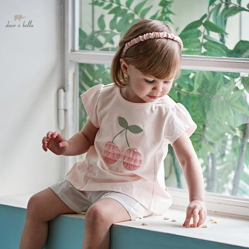 

Dave Bella 2024 New Summer Girl's Baby Pink T-Shirt Children Thin Top Cotton Short Sleeves Casual Fashion Cute Sweet DB2241168