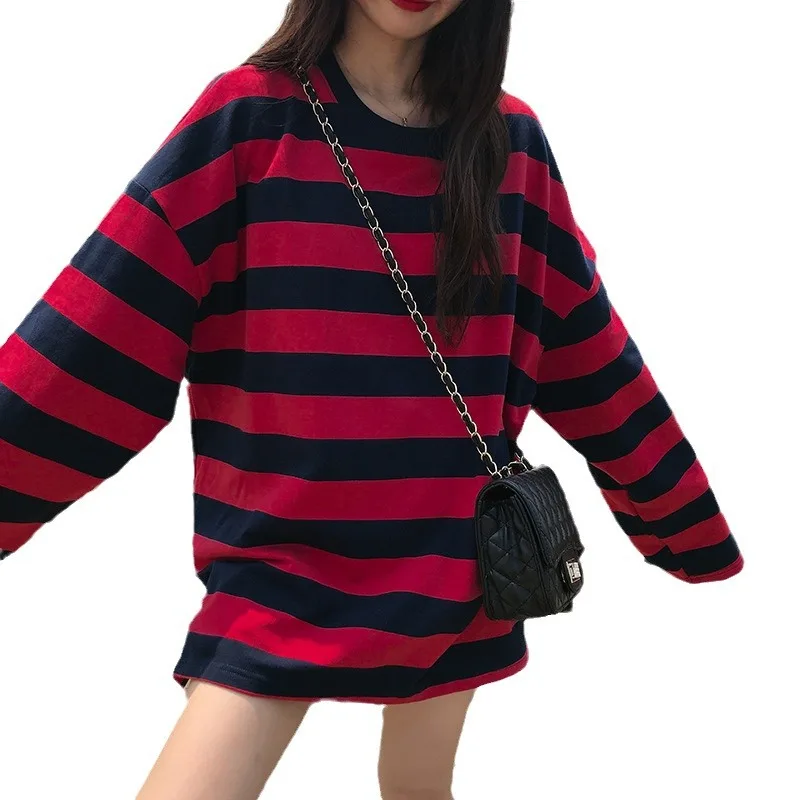 Camisa de manga larga a rayas de algodón para mujer, Tops de algodón sueltos coreanos en primavera y otoño