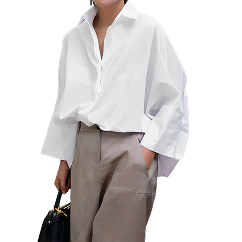 UOOZEE Female Fashion Black White Solid Color Lapel Blouses 2024 New Spring Summer Long Sleeves Loose Casual Office Shirts