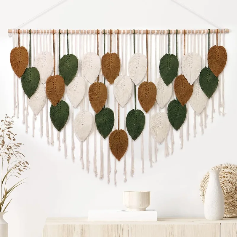 

Large Macrame Wall Hanging Boho Woven Tapestry, Chic Home Decor Modern Bohemian Handmade Leaf Feather Wall Art Decoratio