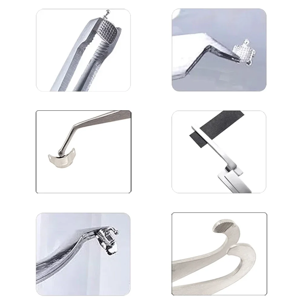 Conjunto ortodôntico: pinças de suporte, tubo bucal e colocadores de botões linguais, ferramentas de ligação, suporte de papel articulado