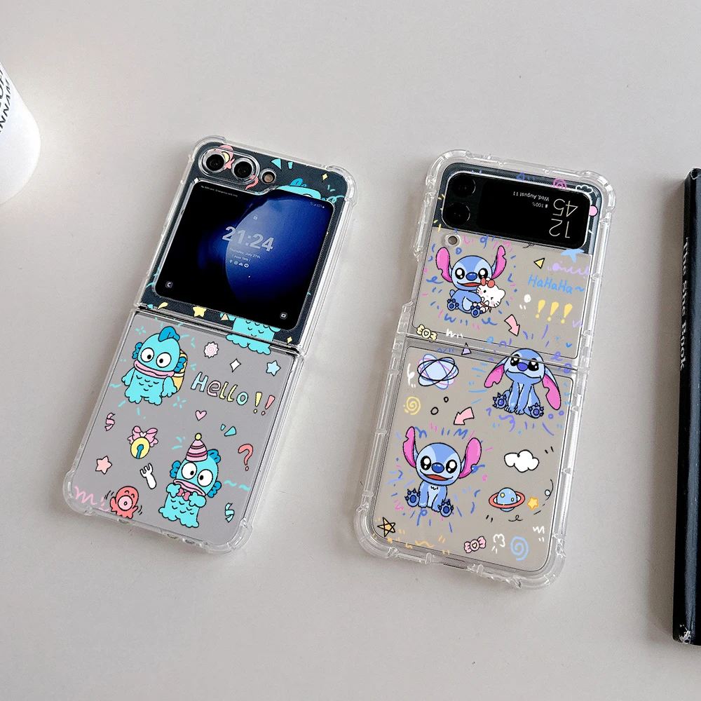 Cute Mickey Stitch octopus Hangyodon Phone Case for Samsung Galaxy Z Flip 3 4 Z Flip 5 Z Fold 4 5G PC Anti-fall Cover