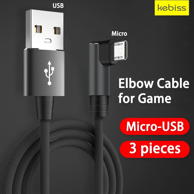 3pieces 3A Fast Charging Micro USB Elbow Cable for Game for Samsung Xiaomi Redmi POCO Huawei Honor Cell Phone Charger USB Cables