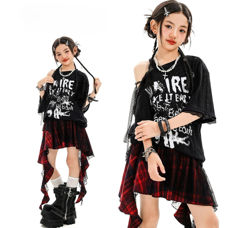 

Girls Jazz Dance Costume Street Wear Hip Hop Clothing Black T Shirt Plaid Skirt Group Ballroom Dance Clothes Stage Kpop Outfit