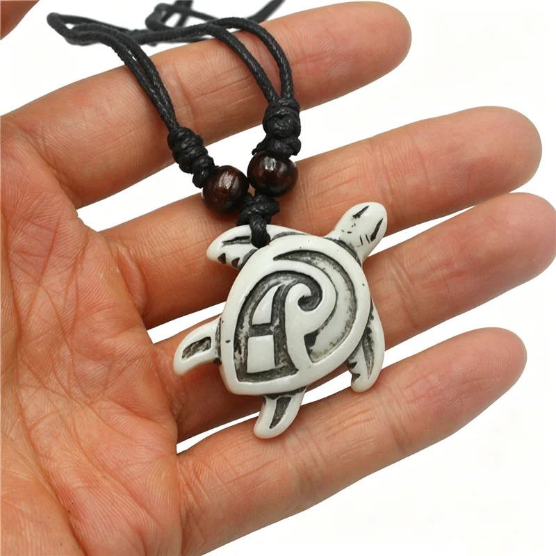 RUEMOY Spiral Tribal Sea Turtle Necklaces, Resin Faux Bone, 2 Colors, Adjustable Black Beaded Cord Hawaiian Jewelry
