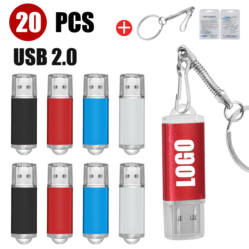 20PCS แฟลชไดรฟ์โลหะ 16 GB 32 GB แฟลชดิสก์กันน้ํา Pendrive 64GB 128GB Memory Stick USB 2.0 Flash Stick 4GB 8GB