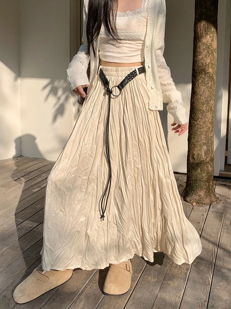 

Autumn Winter Wrinkled Black Pleated Skirt Women Korean Style Goth High Waisted A-Line Long Skirts Midi With Belt falda plisada