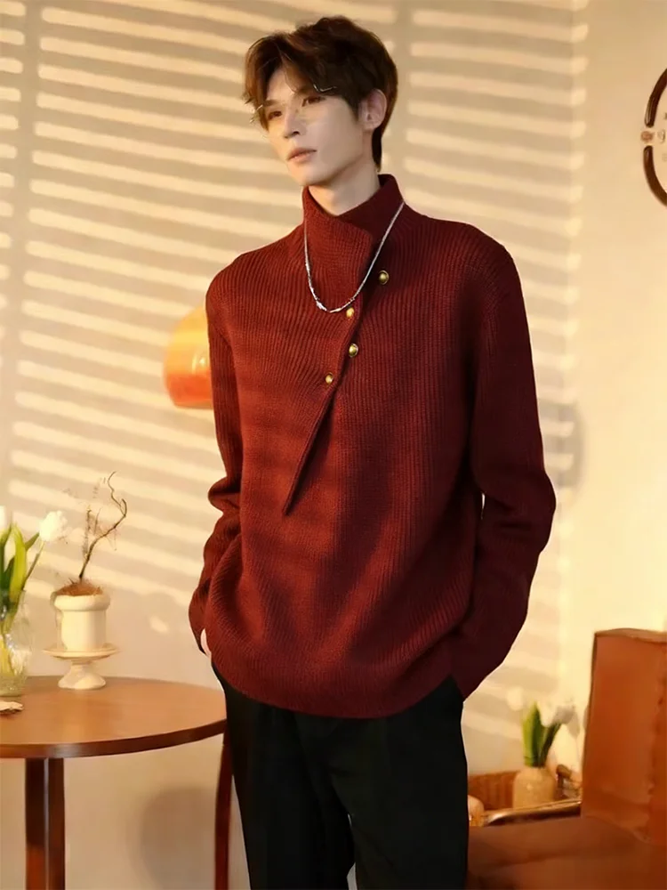 

Свободный вязаный свитер с высоким воротом, красный, с асимметричным дизайном, для мужчин, зимний, в стиле «lazy», американский трикотаж, базовый, молодежный, Vitali