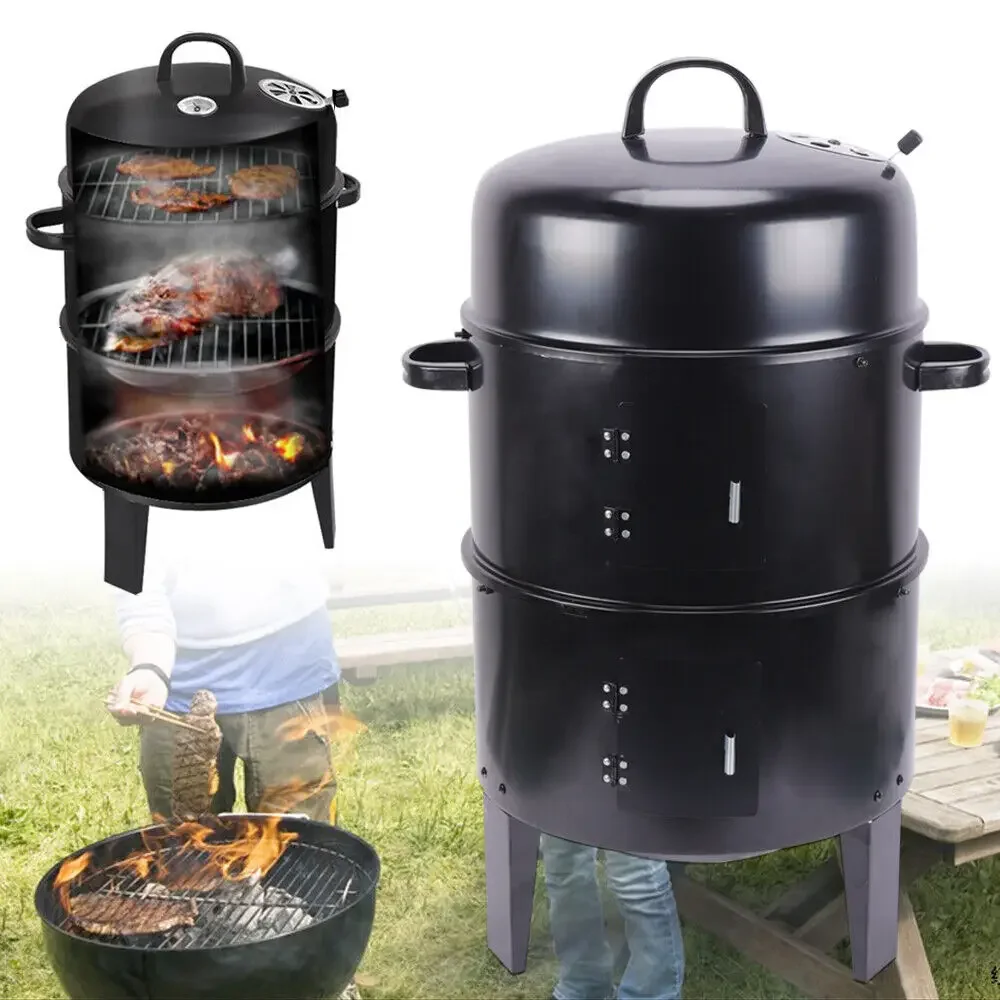 Schwarzer Holzkohle-BBQ-Fleischgrill, Räucherbox, geräucherter Grillofen, zum Kochen von Lebensmitteln, Stahl, rund, doppelschichtig, Räucherfass, Holzkohleofen