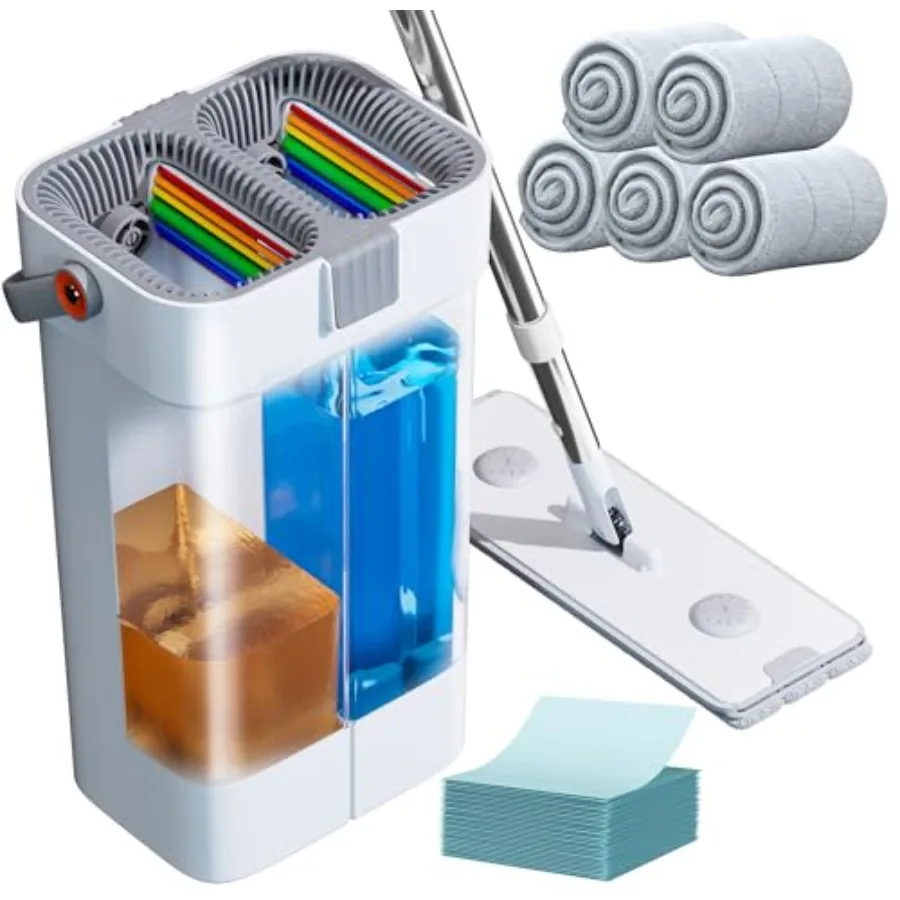 

Mop and Bucket Set Flat Mop and Bucket System Mop Bucket with Wringer Wall Mop with Adjustable Handle Max 61 Inches 5 Washable