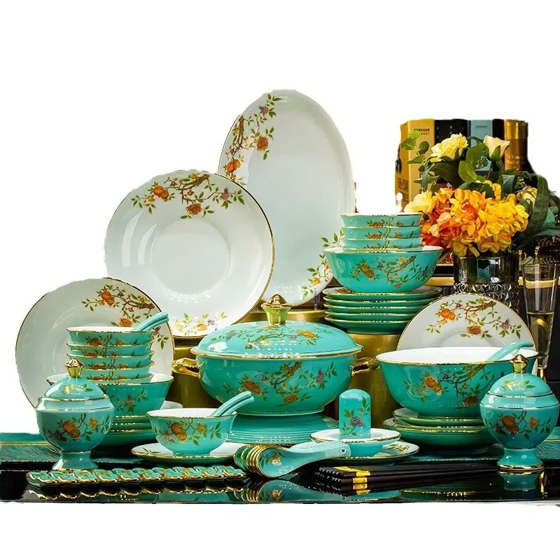 

Jingdezhen Ceramic Bowl and Dish Suit White Porcelain Plate Golden Height Clay Tableware Set Housewarming Household Combination