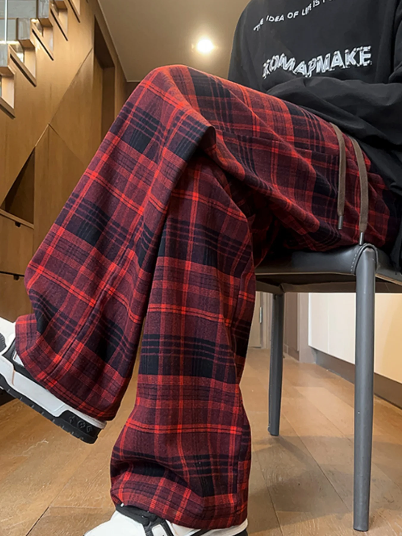 Lazy Design Koreaanse stijl herfst en winter nieuwe fleece gevoerde dikke geruite broek voor dames, losse casual veelzijdige afslankende warme fleece gevoerde wijde broek met hoge taille voor dames