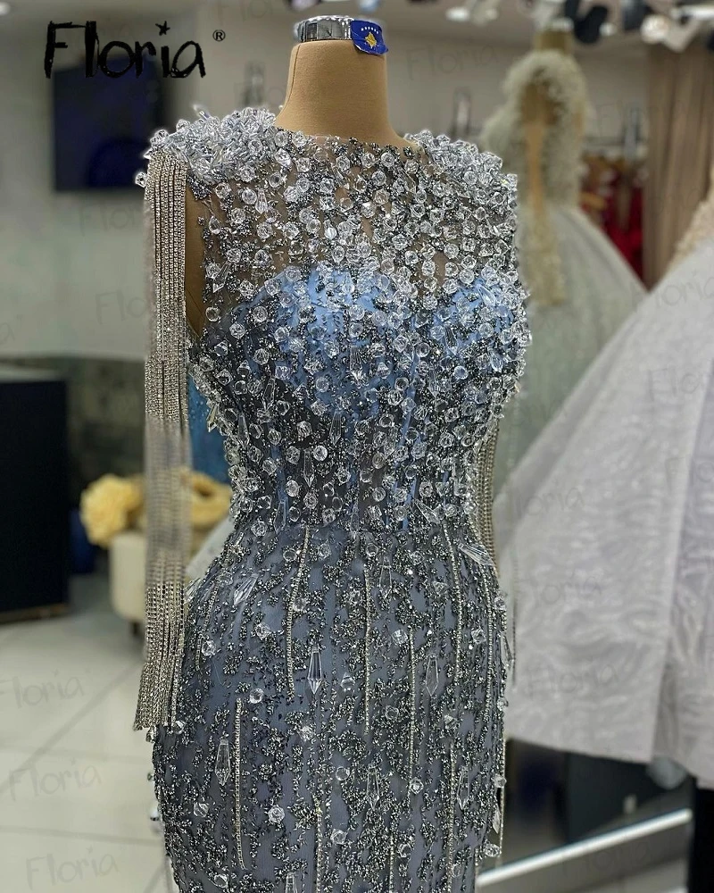 Glitter Long Chains Crystals Party Dress O Neck Mermaid Luxury Celebrity Gowns For Dinner Customize Dubai Evening Prom Dresses