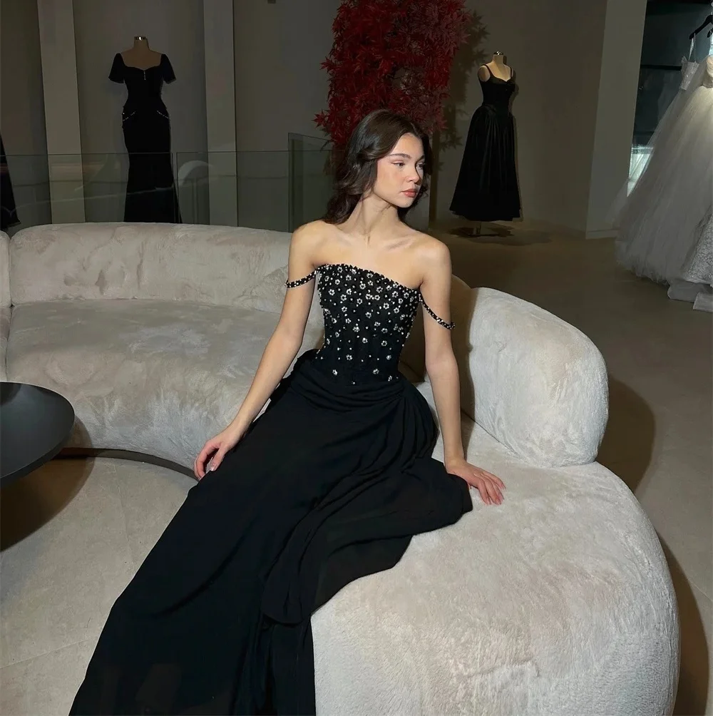 

Black Beaded Party Long Bespoke Occasion Gown Evening Dresses Pastrol Unisex Jersey Retro Dubai Saudi Arabic Prom Customized