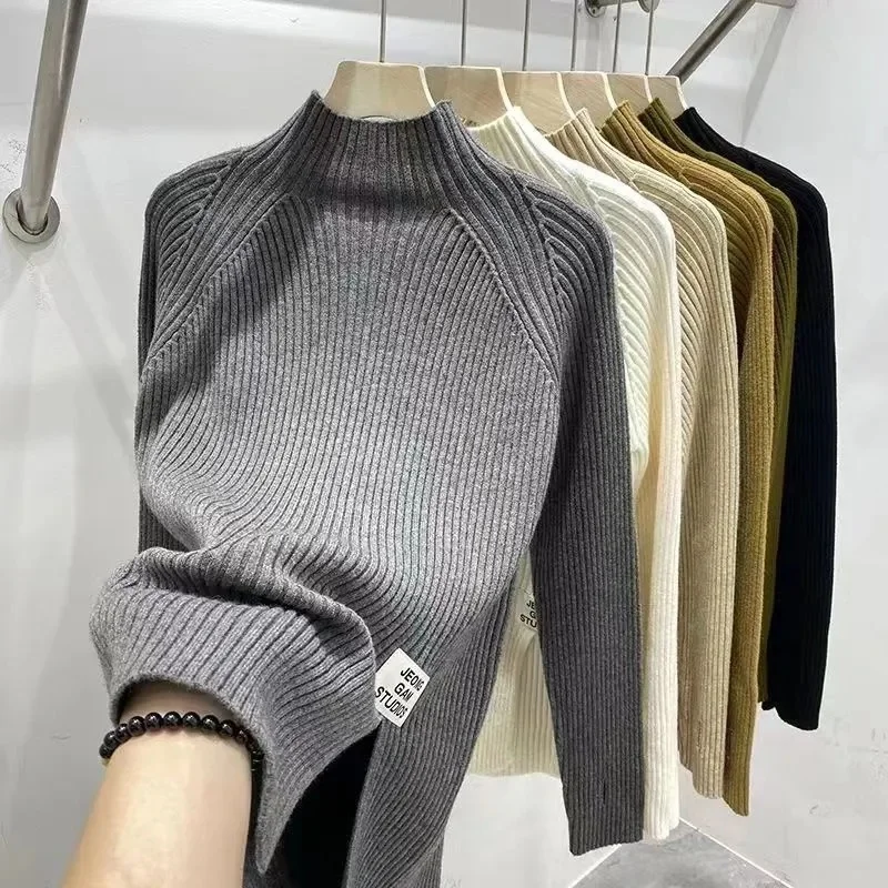 2024 Women Solid Half High Collar Cashmere Sweater Autumn Winter Loose Plus-Size Knitted Wool Casual Sweater Bottoming Shirt