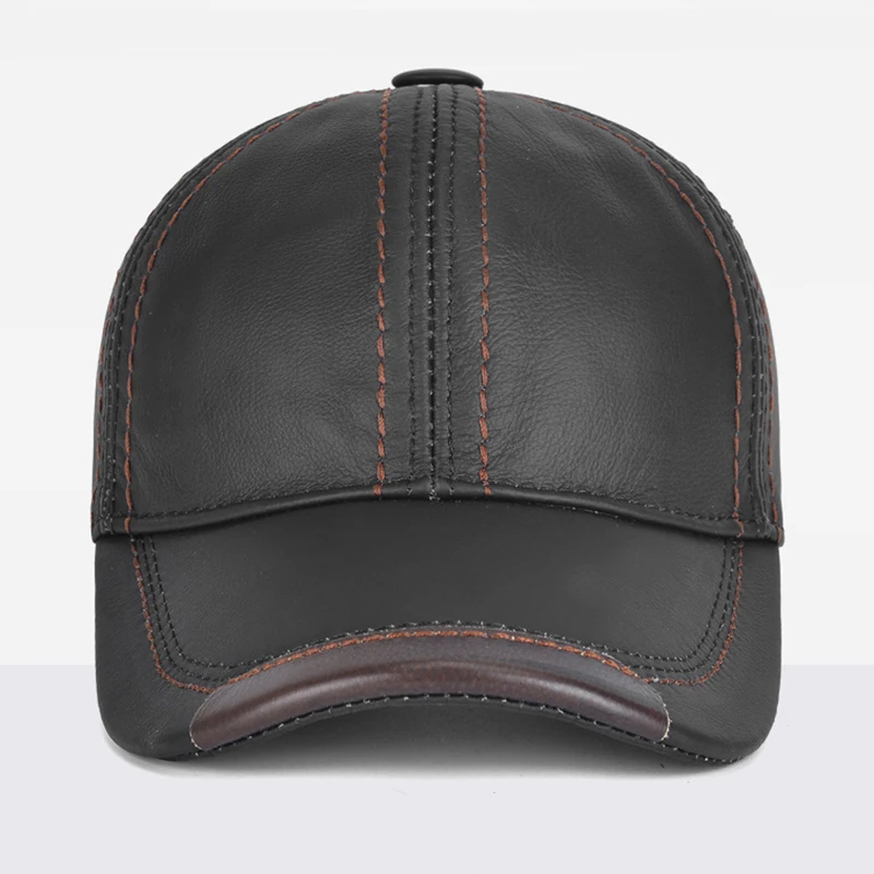 Men Real Cowhide Leather Earlap Caps Male Fall Winter 100% Real Cow Leather Hats New Casual Real Leather Outdoor Baseball Cap