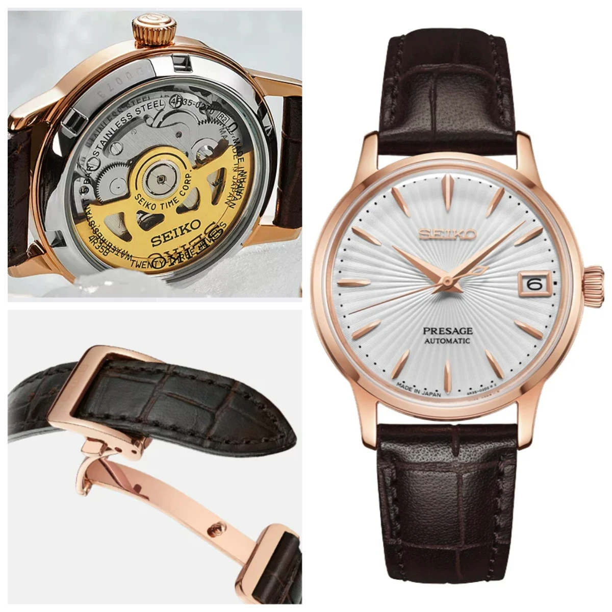 SEIKO SRP852J1 Ladies 33.8mm Cocktail Automatic Watch Japan‑Made Box Hardlex Leather Strap 50M Waterproof luxury watch
