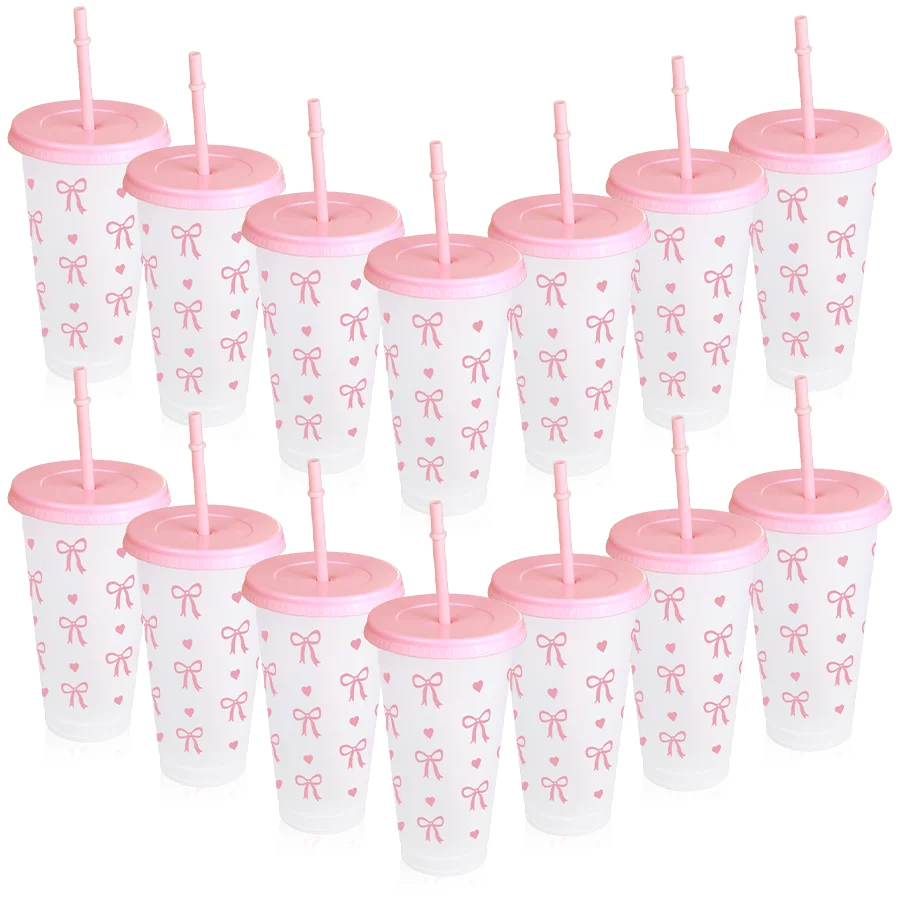 5/10pcs Pink ribbon bow plastic cups with straws and lids, flat bottomed cup, suitable for wedding, home, office, decoration