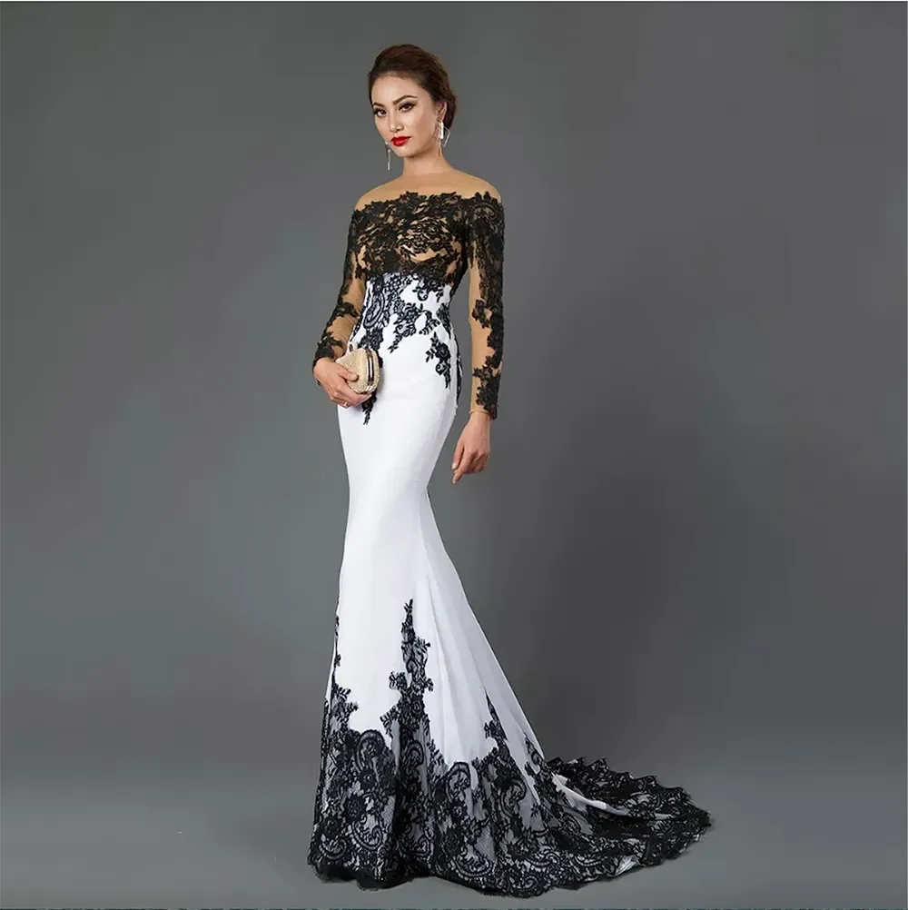 Elegant Stylish Long Sleeve Mermaid Evening Dresses Appliques Black Lace Sweep Train Formal Party Dress for Women Prom Gowns