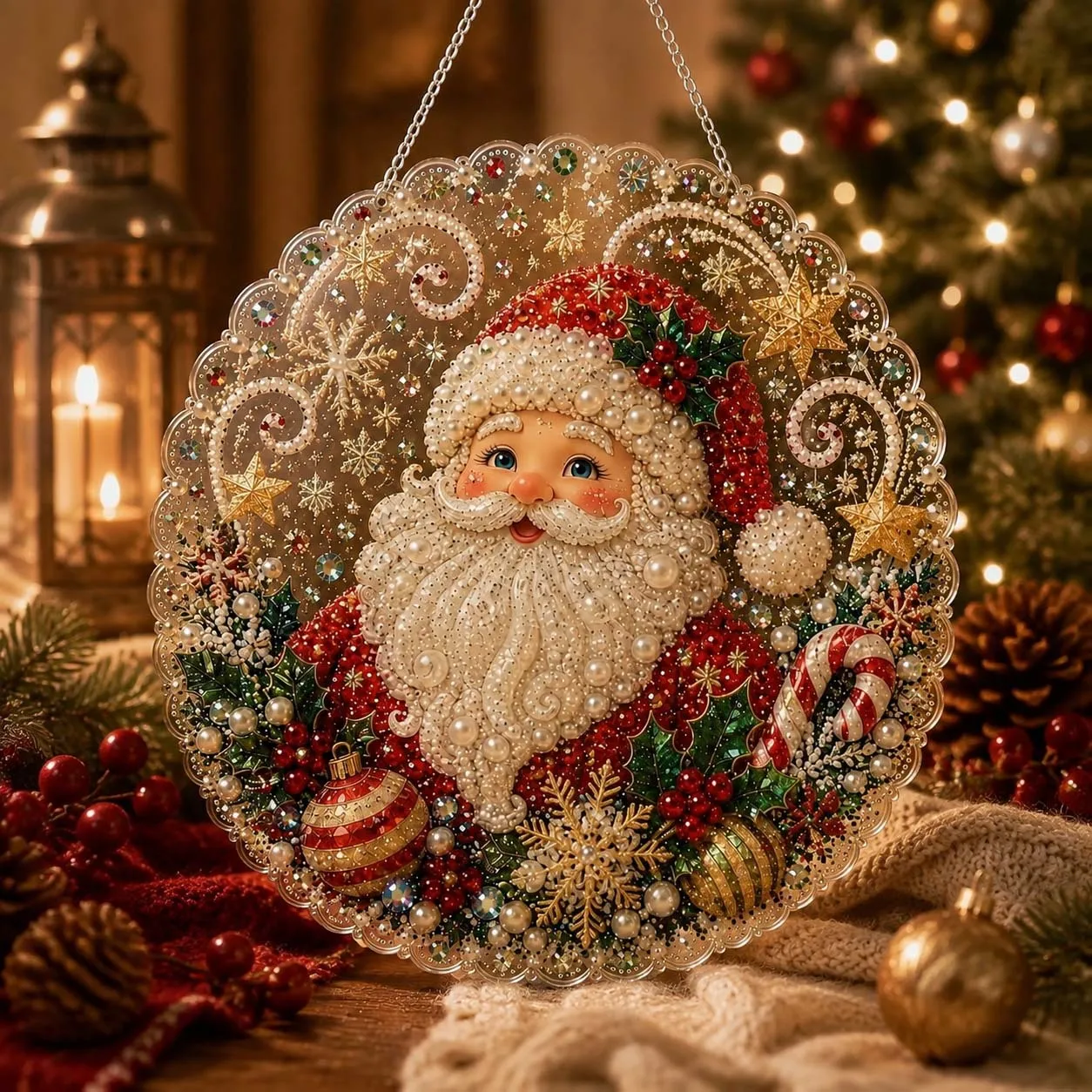 Christmas Pearl Diamond Painting Suncatcher Kit DIY Round Hanging Ornament Acrylic Board Xmas Window Home Decor Craft Supplies