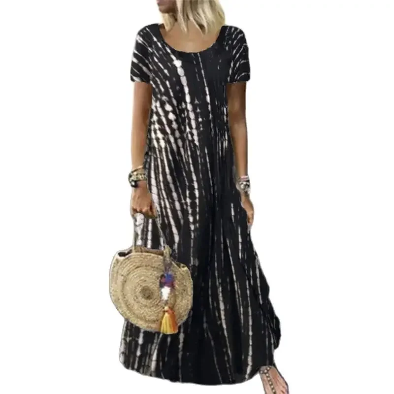 

2024 Fashion Tie-dye Color Contrast Dresses Women Korean Loose Waist Large Hem Long Dress Summer Short Sleeve Casual Female Gown