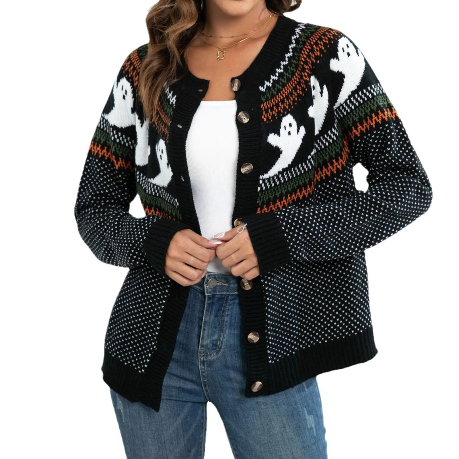 Halloween Sweater Cardigan Women\'s Polka Dot Graphic Sweater Top 2024 New Knitted Cardigan Long Sleeve Female Loose Sweater Top