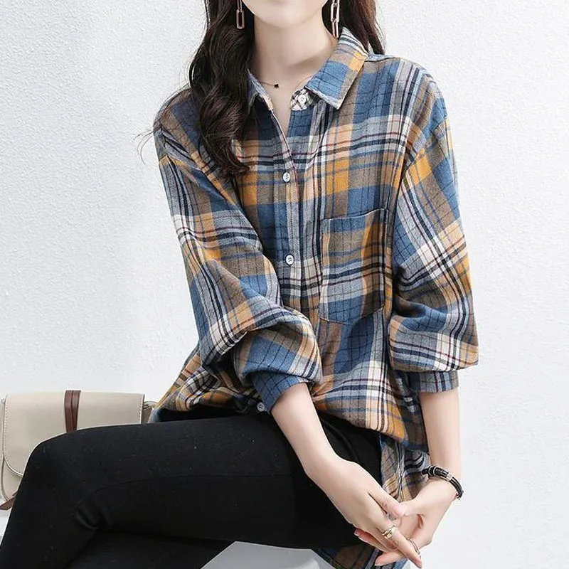 Spring Autumn Fashion New Long Sleeve Loose Plaid Blouse Women\'s Clothing Pockets Casual Single-breasted Turn-down Collar Shirt