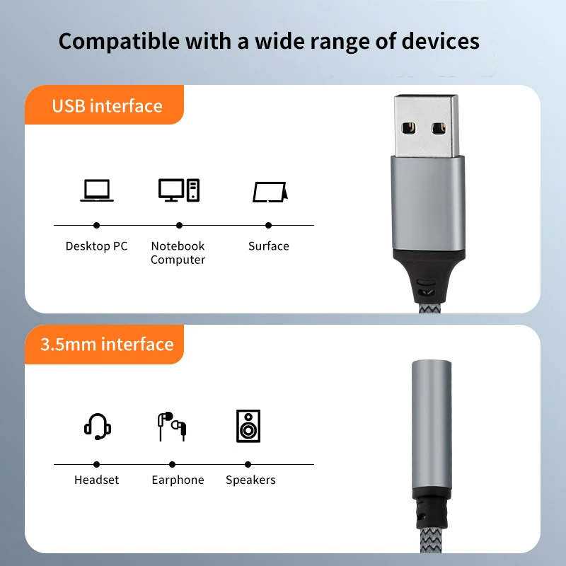 Placa de som externa USB para laptop, 3,5mm, adaptador de áudio fêmea, fone de ouvido, microfone, adaptador de som para PC