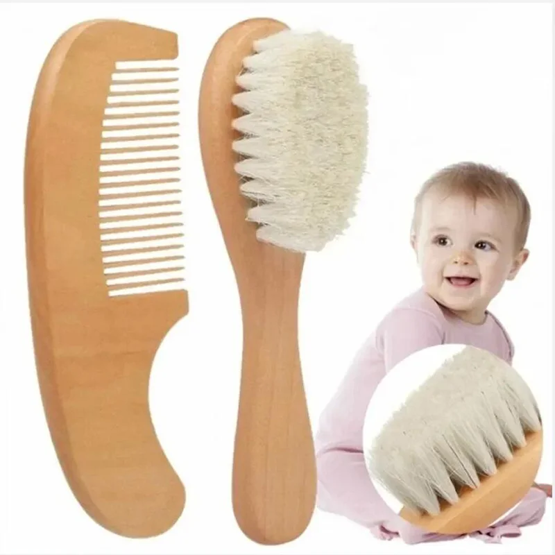 2pcs Newborn Wool Wooden Brush Comb Set Baby Hair Brush Infant Head Massager Portable Baby Comb Hair Bath Brush Comb