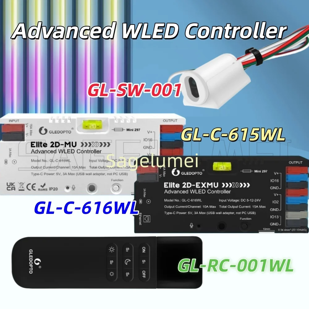 

GLEDOPTO GL-C-615WL/615WL Усовершенствованный контроллер WLED Проводной Ethernet Звук Реактивное энергосберегающее реле 20A Предохранитель Динамический WS2811/2812