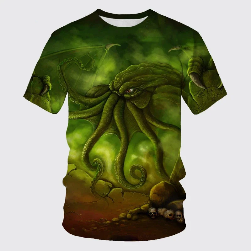 Horror Cthulhu 3D Print T-shirt For Men Clothes Summer Loose Short-sleeves Cool Streetwear T Shirt Casual Round Neck Tees Tops