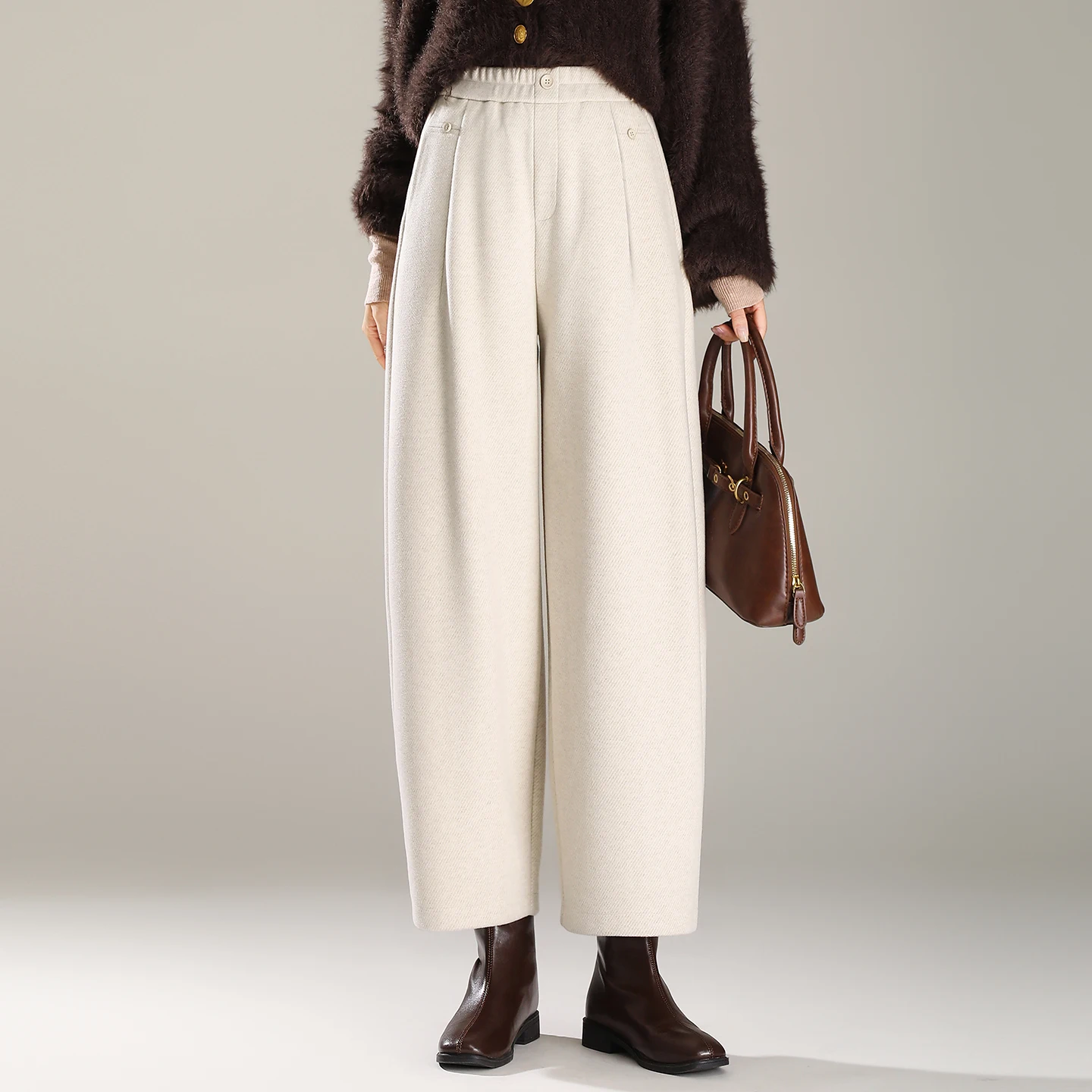 

Женские шерстяные брюки-морковки с высокой талией, осень-зима, свободные повседневные широкие брюки с девятью очками, брюки Харлан, брюки Харлан