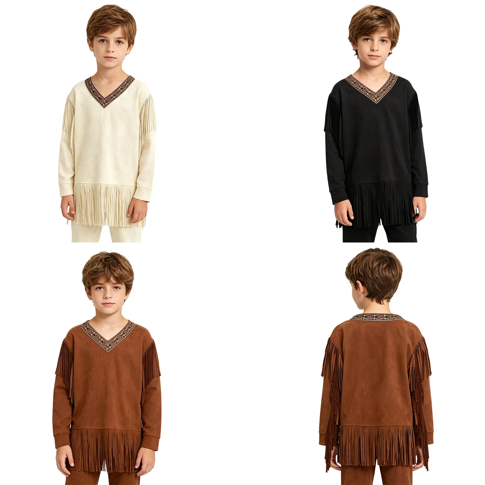 

Children Boys Retro Embroidery Long Sleeve Fringed Native American Pullover Top Halloween Theme Party Carnival Indians Costume