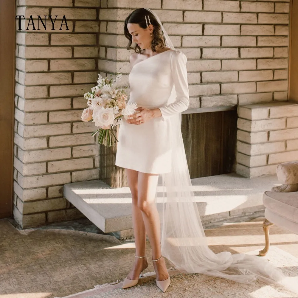 Simple Short Wedding Dresses For Women One Shoulder Long Sleeve Mini Bridal Dress Satin Zipper Above Knee Bridal Gown TSWD196