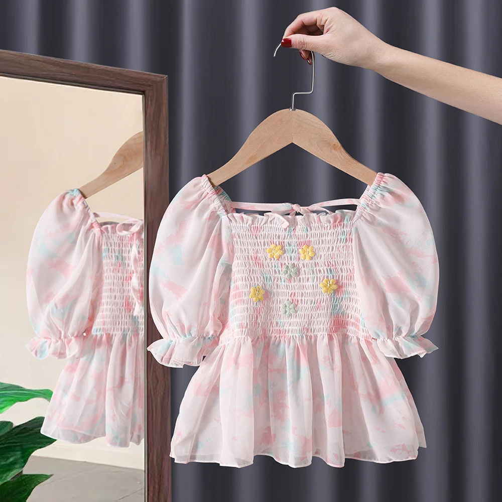 Cute Floral Baby Girls Shirt Summer Ruffles Short Puff Sleeve Square Collar Kids T-Shirts Princess Blouse Tops Children Clothes