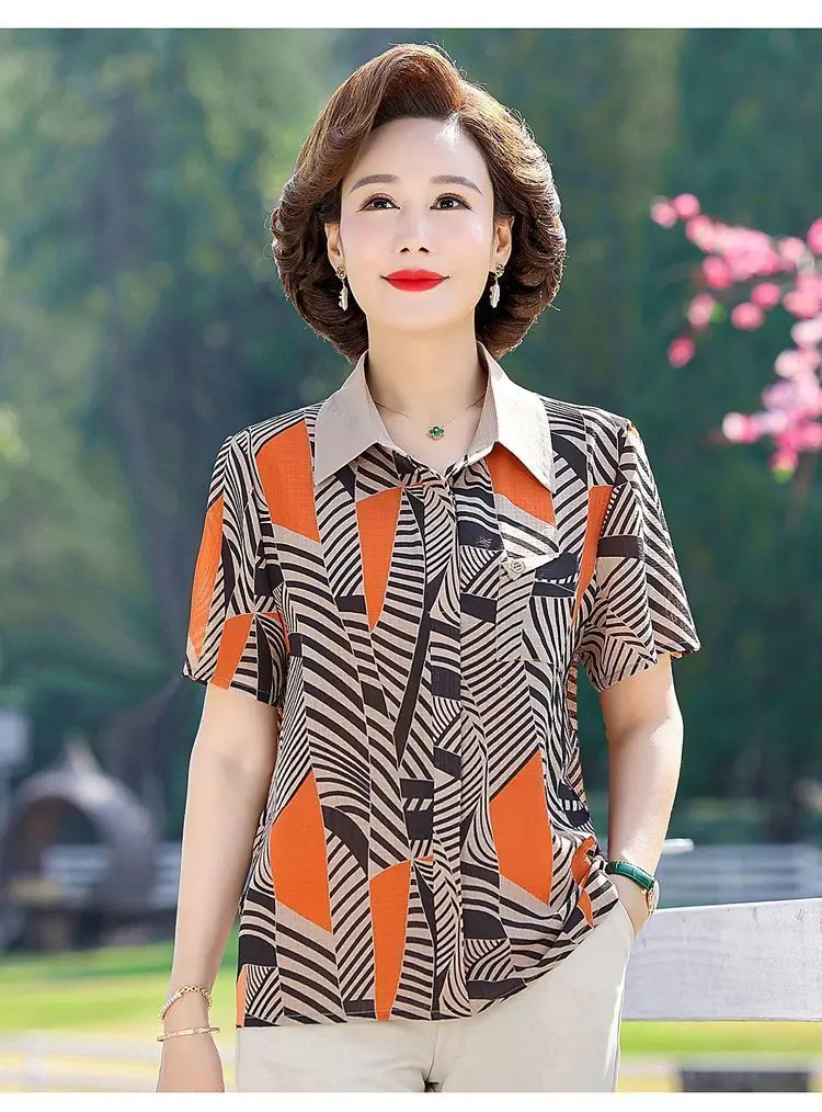 

Summer Short-sleeved Shirt Collar T-shirt New Style Top Fashionable Plus Size Middle Aged and Elderly Women's Clothing
